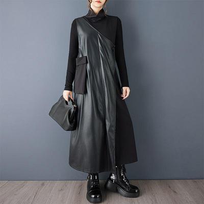 Sleeveless Plus Size PU Patchwork Vintage Black New In Dresses for Women Casual Loose Long Spring Autumn Dress