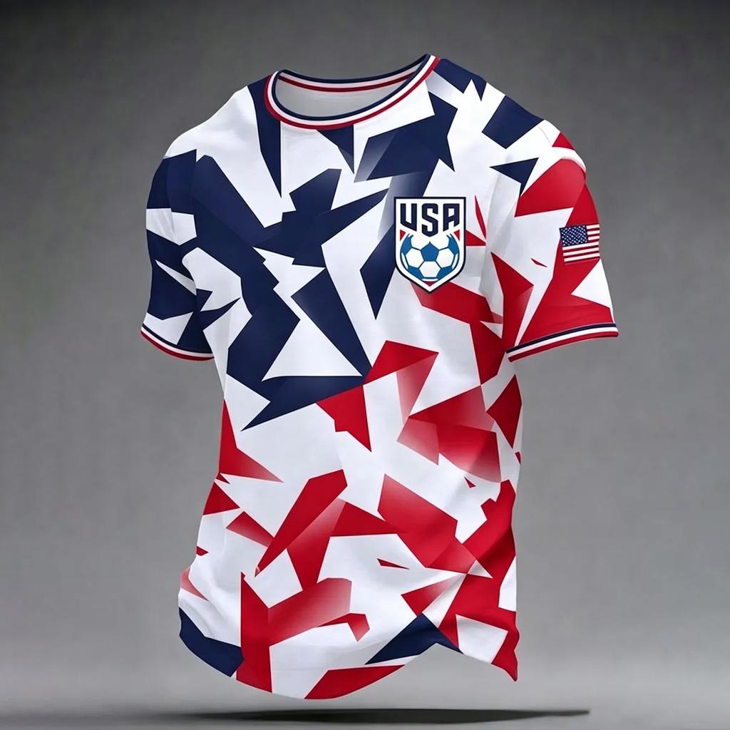 Men's Casual Printed Crew Neck Lightweight Breathable Short Sleeve Shirt Soccer Themed Graphic Design USA Map and Flag Pattern