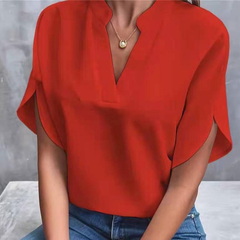 Women's Fashion Casual Solid Color Print Short Sleeve V-Neck Blouses & Shirts