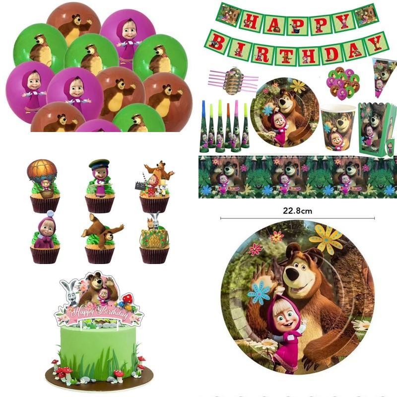 Masha and the Bear Birthday Decoration Tableware Set Cups Plate Napkins Banner Tablecloth Balloon Party Supplies Home Decor