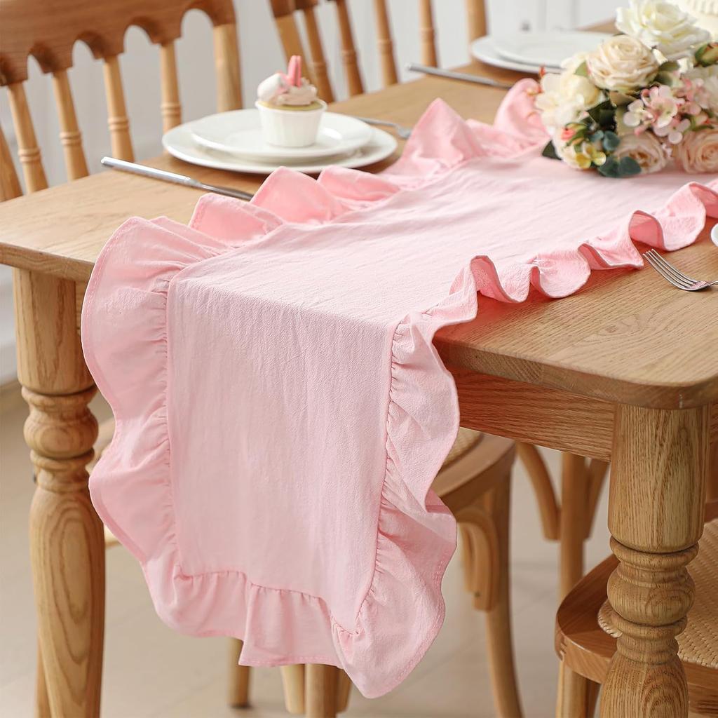 Ruffled Table Runner 72 Inches Long Rustic Cotton Tabletop Farmhouse Decor for Baby Shower Bride Shower Birthday Holiday Party(Solid Color,White)