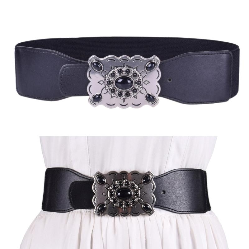 PU Waist Cincher Elegant Wide Chain for Dress Elastic PU Waistband Trendy Underbust Waist Chain Wide Belt