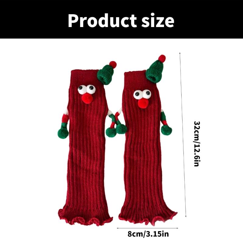 Christmas Holiday Leg Covers 3D Santa Hat Doll Magnetic Hand Holding Leg Warmers Socks with Big Curious Eyes for Women