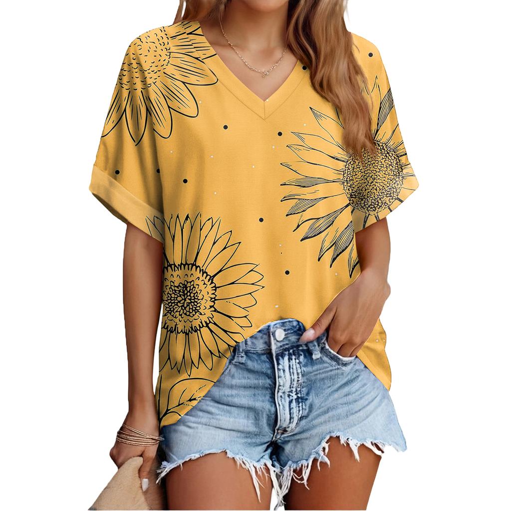 Top de Verano Casual Versátil a la Moda para Mujer con Estampado Floral Delgado de Manga Corta
