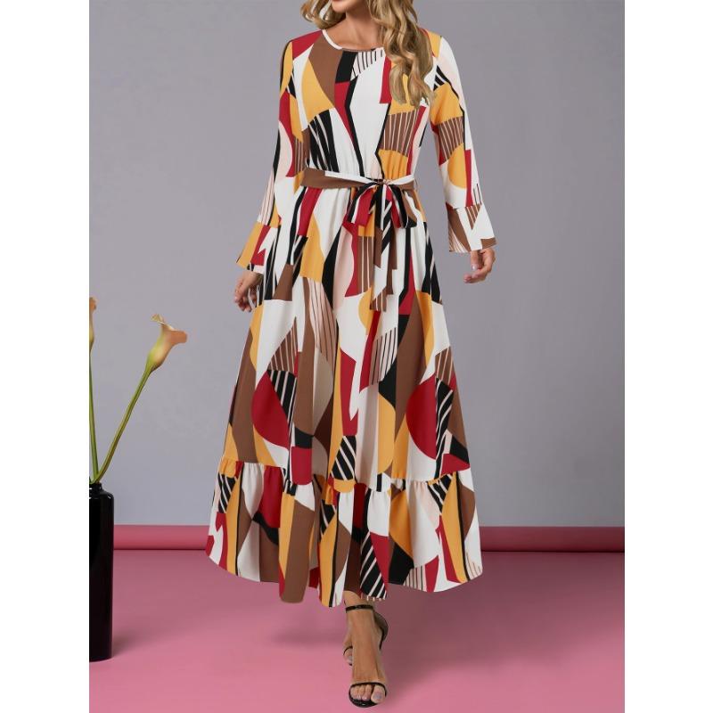 Autumn Long Sleeve Geometric Color Contrast Round Neck Dress Temperament Fashion Belt Long Sleeve Dress