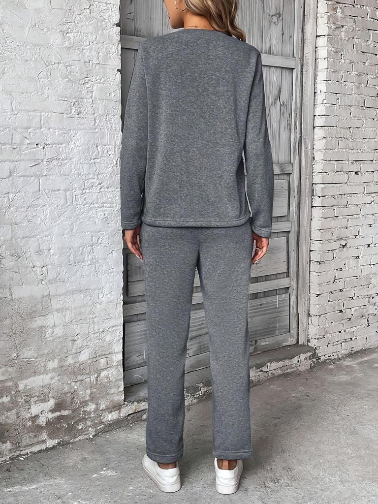 New Women's Fleece Sweatshirt & Pocket Pants Set - Round Neck, Fashionable & Simple Style, Casual Straight Leg Design (2025).