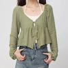 Pure Desire Short Hanging Neck Tank Top Long Sleeve Lace-up Cardigan 2Pcs Set Women Green T-shirt Slim Small Size Korean Fashion