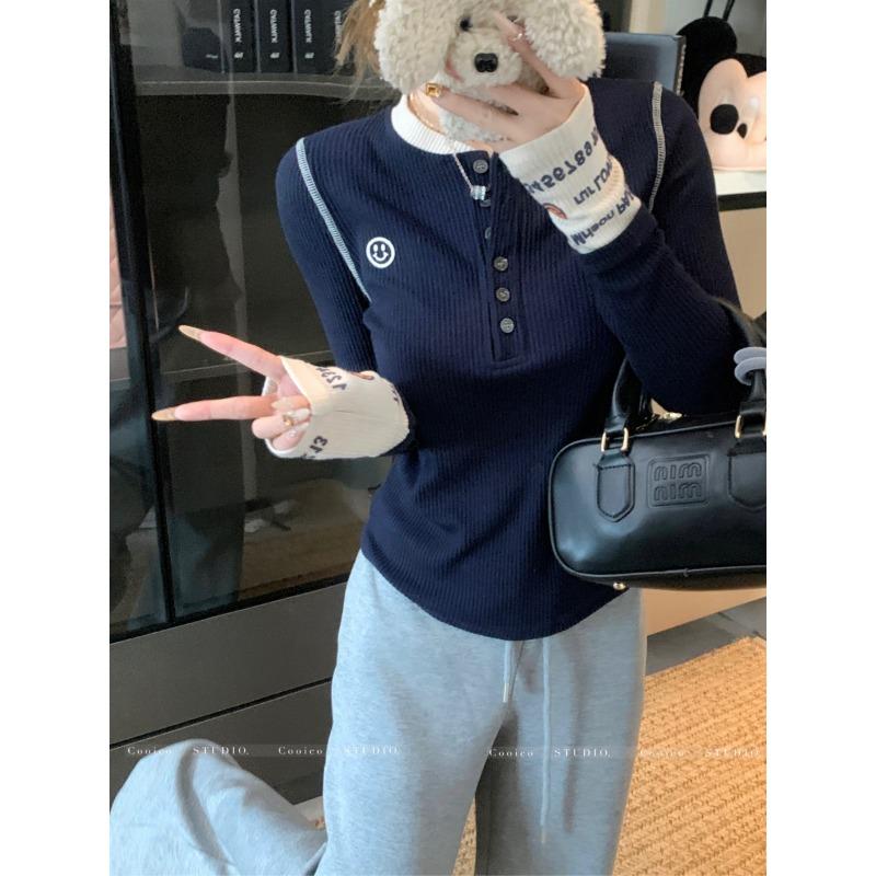 Unique embroidered top spring new button half open neck knitted bottoming shirt contrasting color knitted sweater women