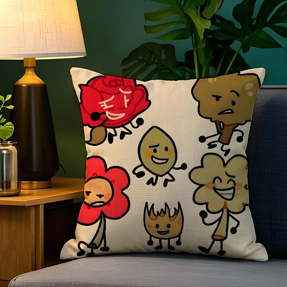 BFDI Batalla por la Isla del Sueño Funda de Almohada Funda de Almohada de Lino Natural Decoración a Doble Cara Funda de Almohada para Sofá Decoración del Hogar