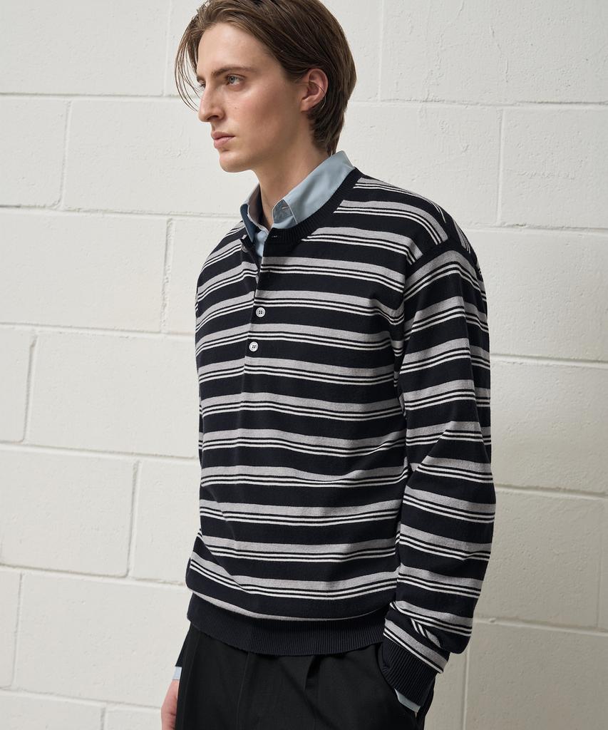 DRAW FIT Washable Striped Henley Neck Knit [Navy]