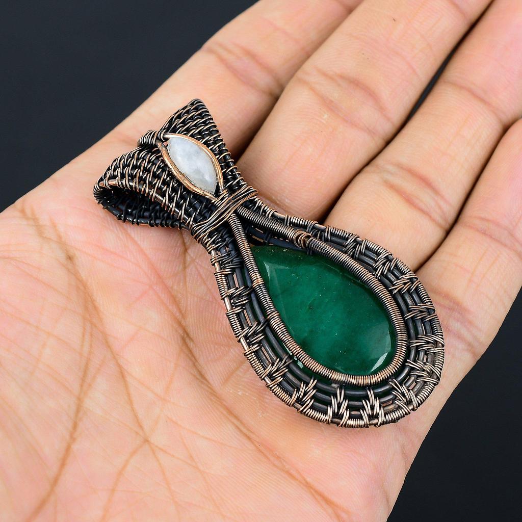 Emerald & Moonstone Pendant, 999 Copper Wire Wrapped Pendant Gemstone Jewelry, Handmade Pendant Amazing Jewelry, Gift For Her