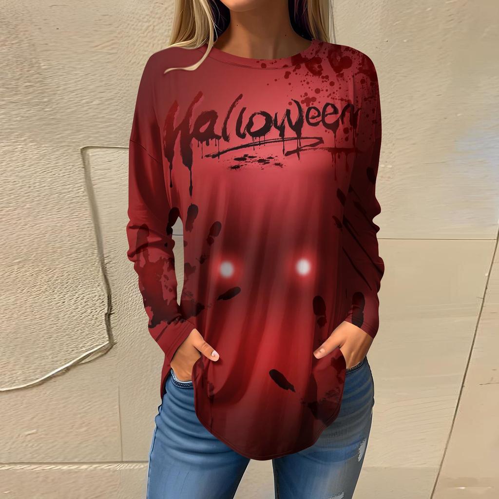 Women's Loose Round Neck  Print Long Sleeve T-Shirt Top Pullover