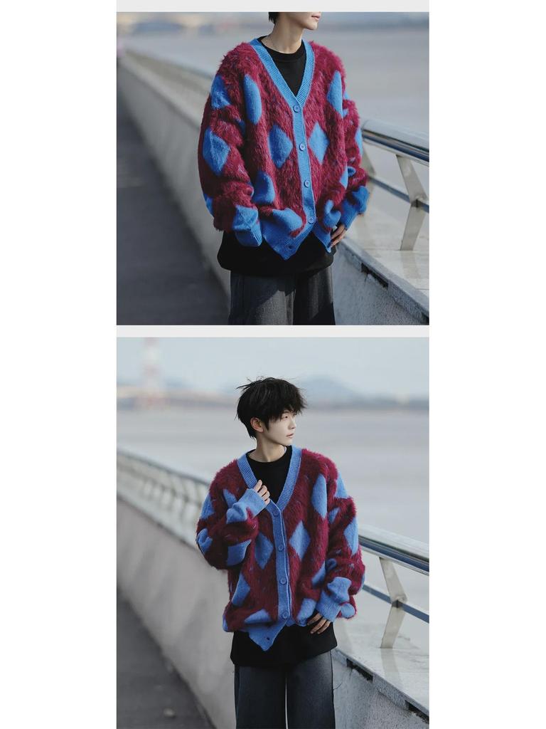 Herren Retro College-Stil Rautenmuster Strickjacke - Herbst/Winter Freizeitstrickpullover für Paare.