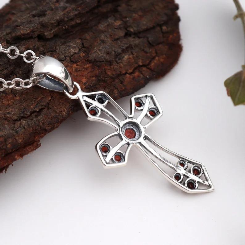Garnet Gemstone Solid 925 Sterling Silver, Cross Pendant, Necklace, Wedding Engagement Gift, Statement Jewelry, Unique Gift, Boho Jewelry