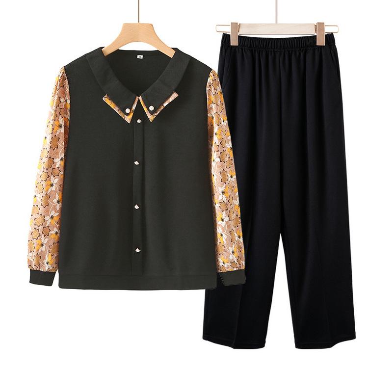 Middle-aged and Elderly Women's Fashionable T-shirt New Top Fake Two-piece Middle-aged Mother's Spring and Autumn Long-sleeved Base Shirt