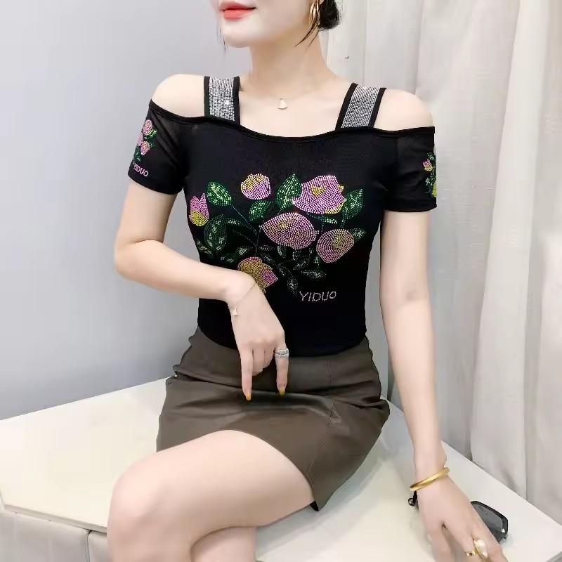 TrendHub Sexy Off Shoulder T Shirt for Women Luxury Flower Diamonds Short Sleeve Tee Summer Fashion Womens Mesh Tee Shirts Top