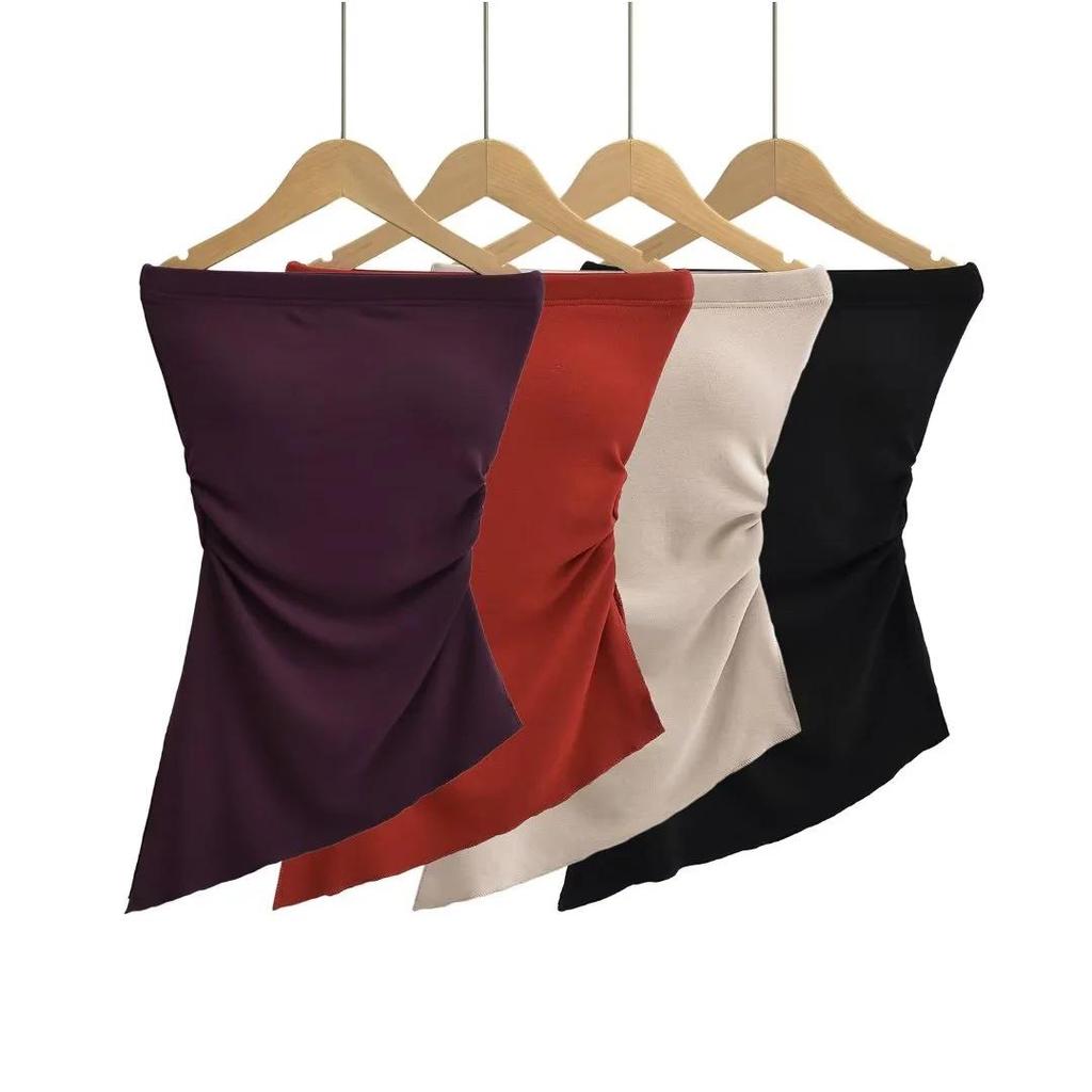 Irregular Slit Padded Bandeau Summer Top with Ruched Waist
