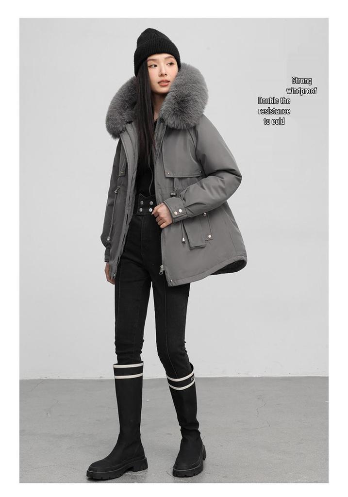 Women's Korean Style Loose Fit Winter Down Cotton Coat with Waist-Cinching and Thickened Velvet Lining