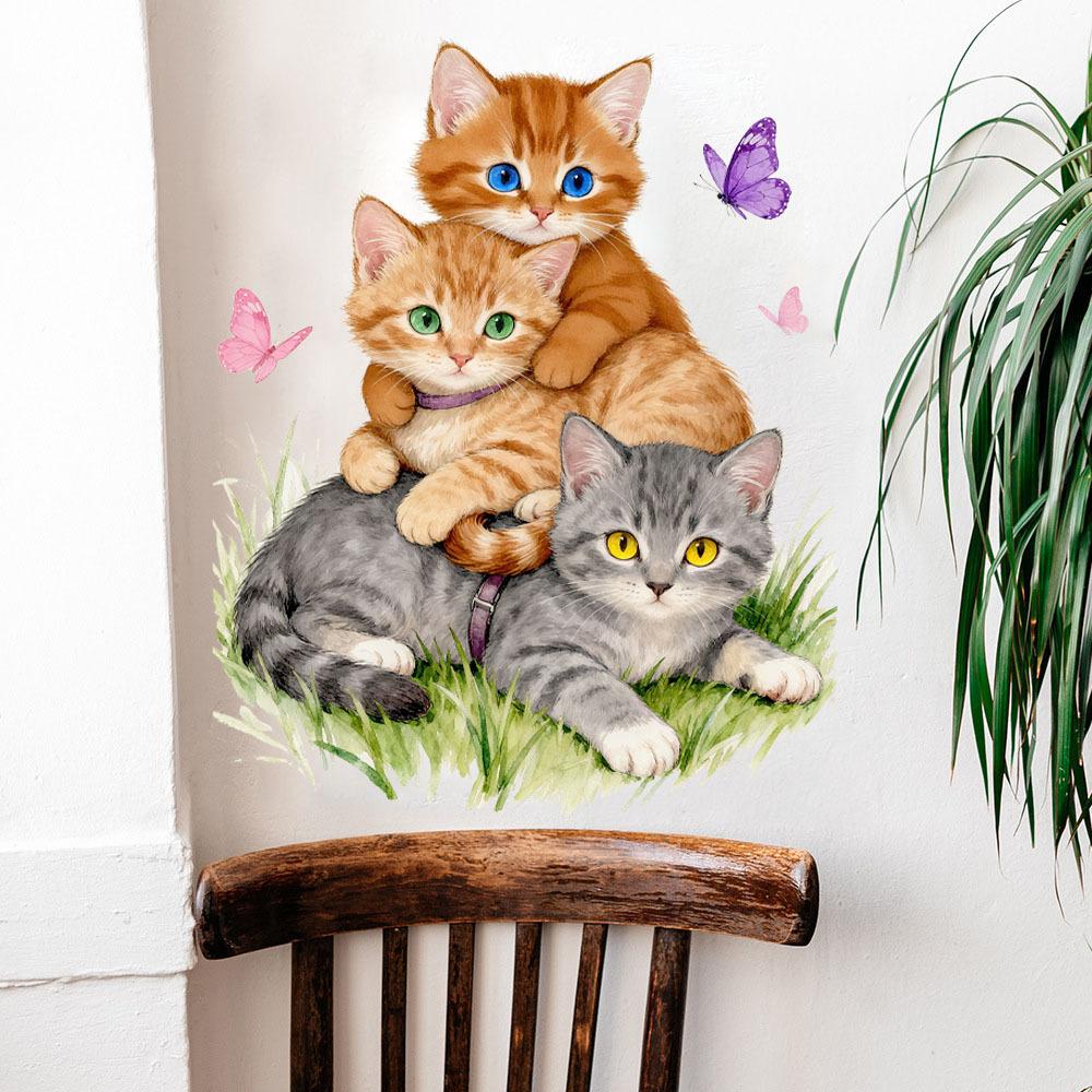 Cute Stacking Kittens Wall Sticker for Kids Room Nursery Bedroom Living Room Self-Adhesive Removable Home Decor