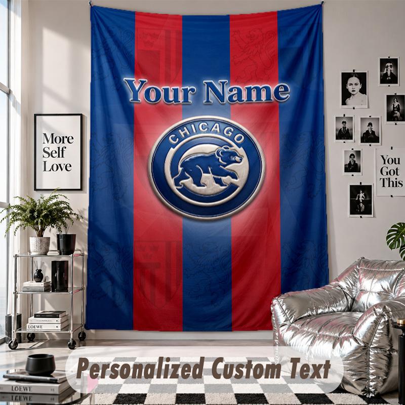 Wall Hanging Tapestry With Custom Name & Text, Chicago Cubs Decorative Tapestry For Bedroom