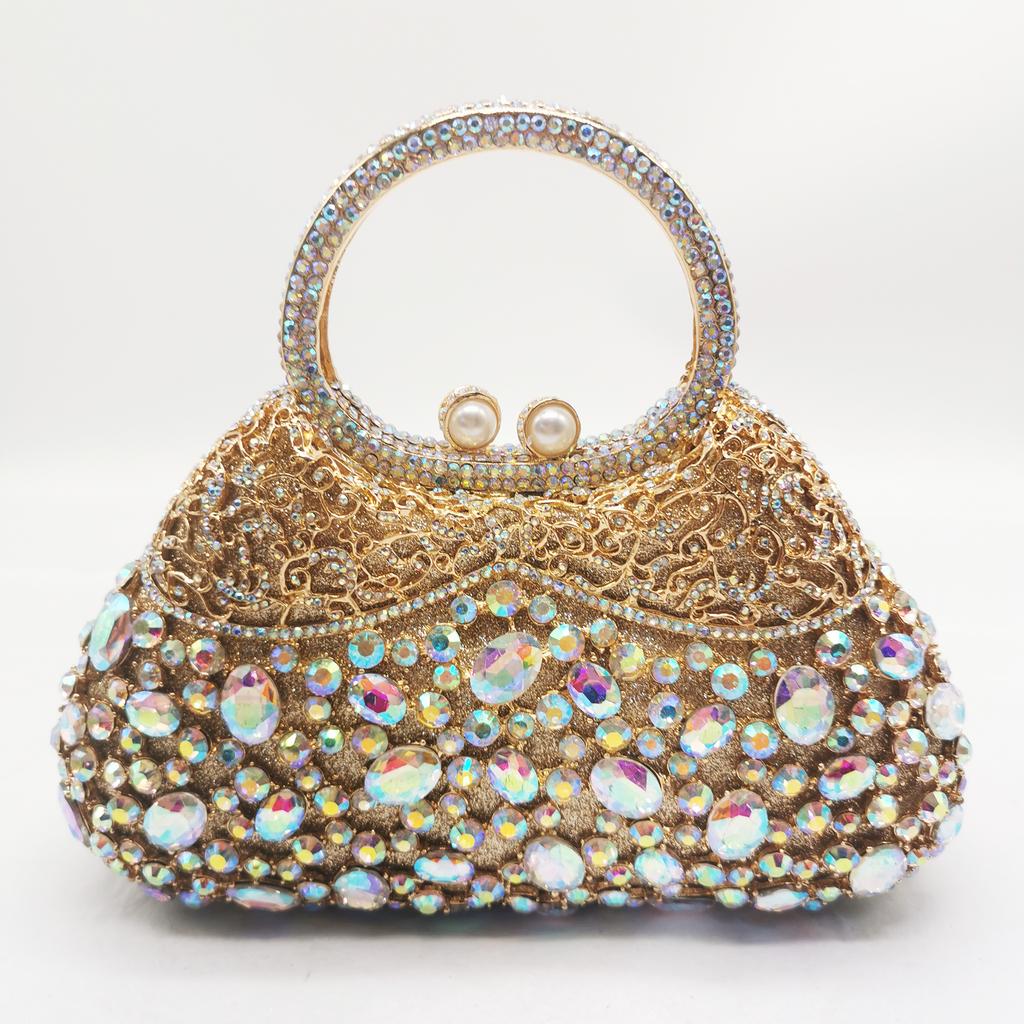 Large Capacity Women Rhinestone Top-Handle WHTUOHENG Wedding Purse Gold Metal Female Evening Clutch Bag Lady Small Phone Bags