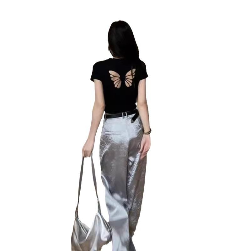 Hollow Bow Embroidery Front Shoulder Short Sleeve T-Shirt Women's Summer Navel Short Slim Skinny Spice Girl Top