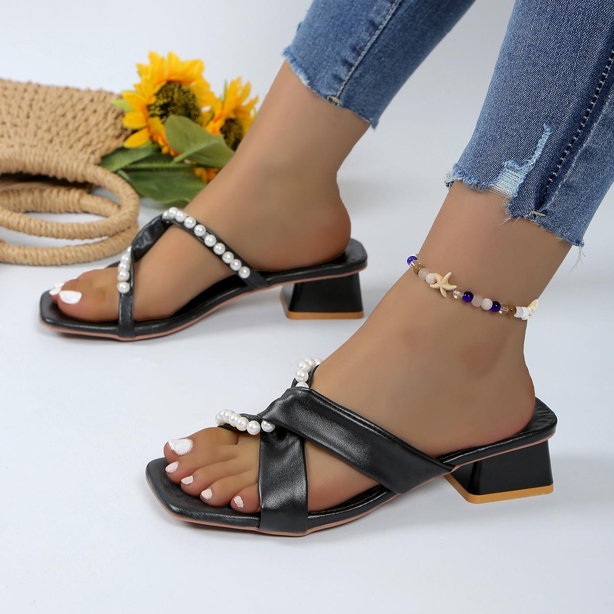 

Женские тапочки на открытом воздухе на высоком каблуке, летняя высококачественная платформа с жемчужным украшением, нескользящая дизайнерская женская обувь больших размеров 41