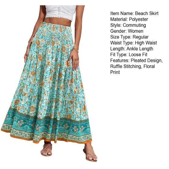 Beach Skirt Elastic High Waisted Skirt Ruffle Splicing A-Line Women Pleated Large Hem Floral Print Maxi