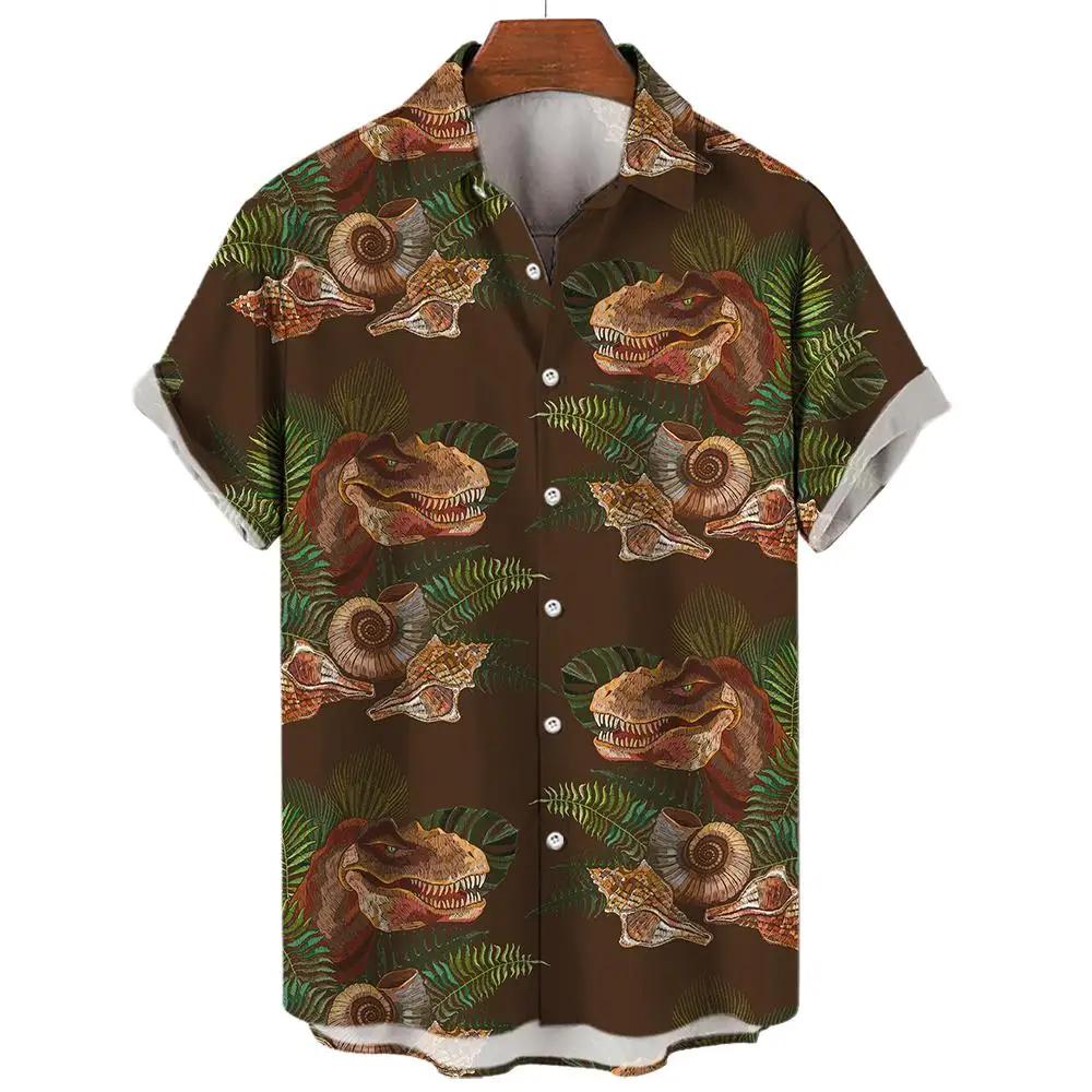 Dinosaur Skull & Tropical Leaf Print Short Sleeve Shirt, Casual Summer Top