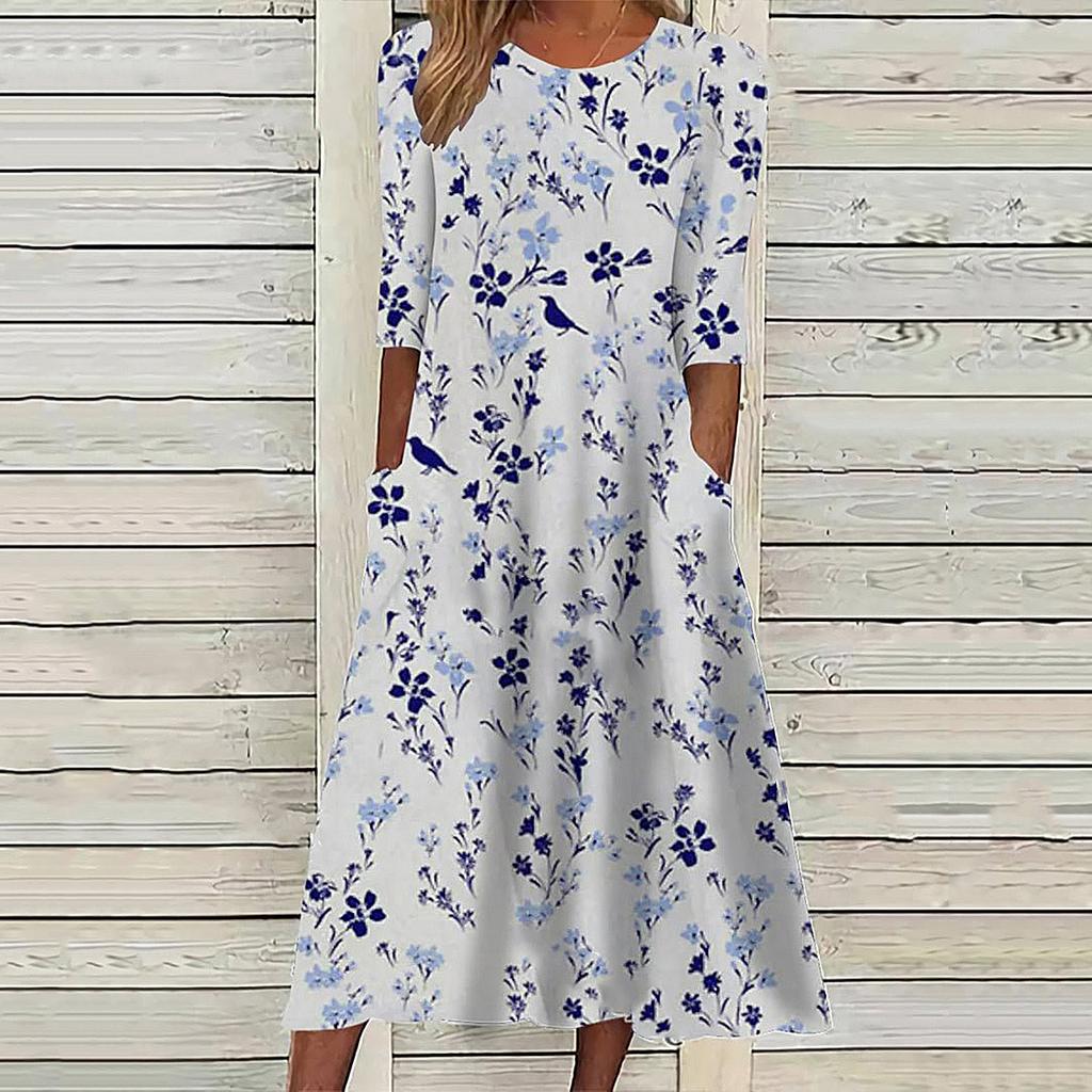 Women's Round Neck Three Quarter Sleeve Midi Dress Loose Fit Loose Waist Casual Floral Print Pocket Sundress