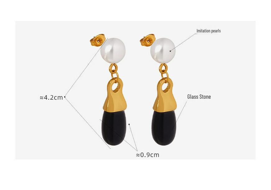 Vintage Faux Pearl Black Glass Stone Long Drop Earrings for Women, Colorfast Titanium Steel Ear Accessories