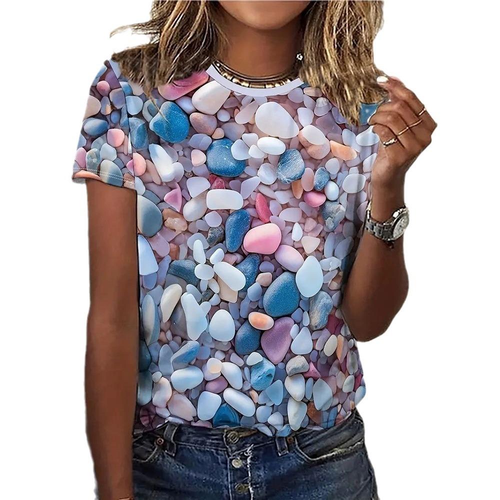 Ladies' Trendy Breathable Loose T-shirt with Colorful Heart-shaped Stone Design 3D Digital Printing Shirt