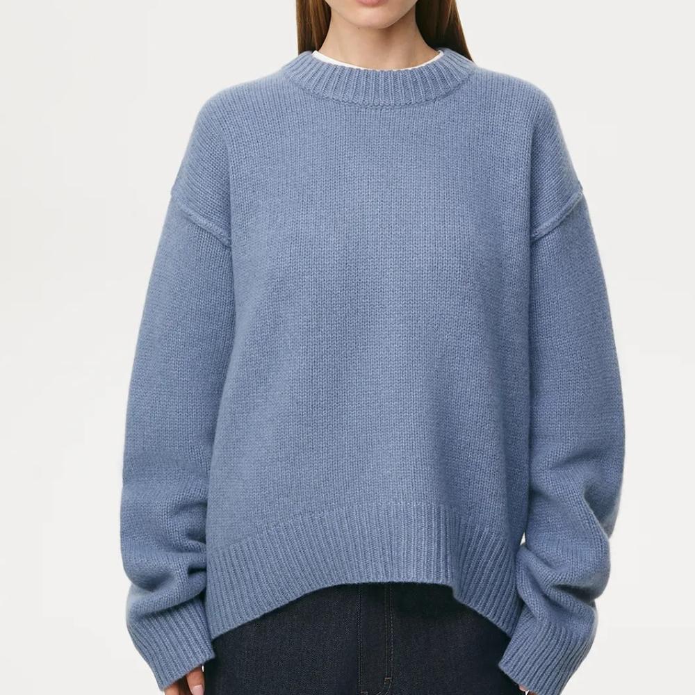 

Женский вязаный однотонный простой свободный свитер IHUASU на осень/зиму с круглым вырезом L синий