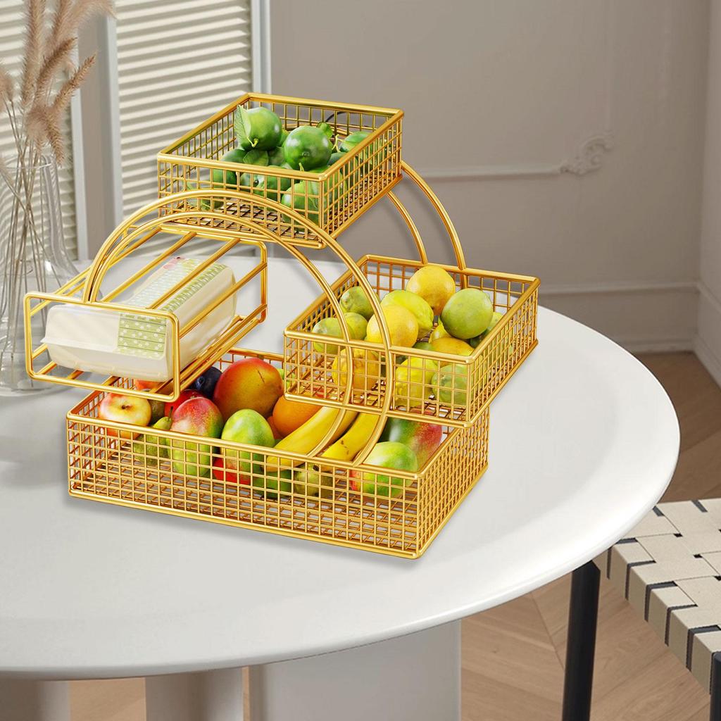 Iron Triple Layer Fruit Basket Snack Tray Open Access Design Smooth Edges Accessories 11.8x7.8x11.8inch with Tissue Box Holder