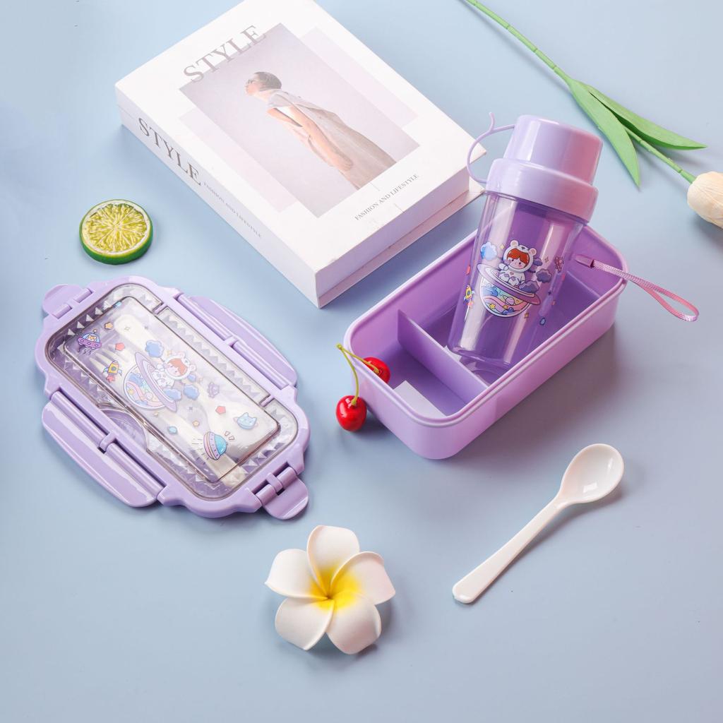 Kid's Lunchbox and Mug Set Cartoon Plastic Bento Box With Tableware Microwaveable Food Storage Container School Child Snack Box
