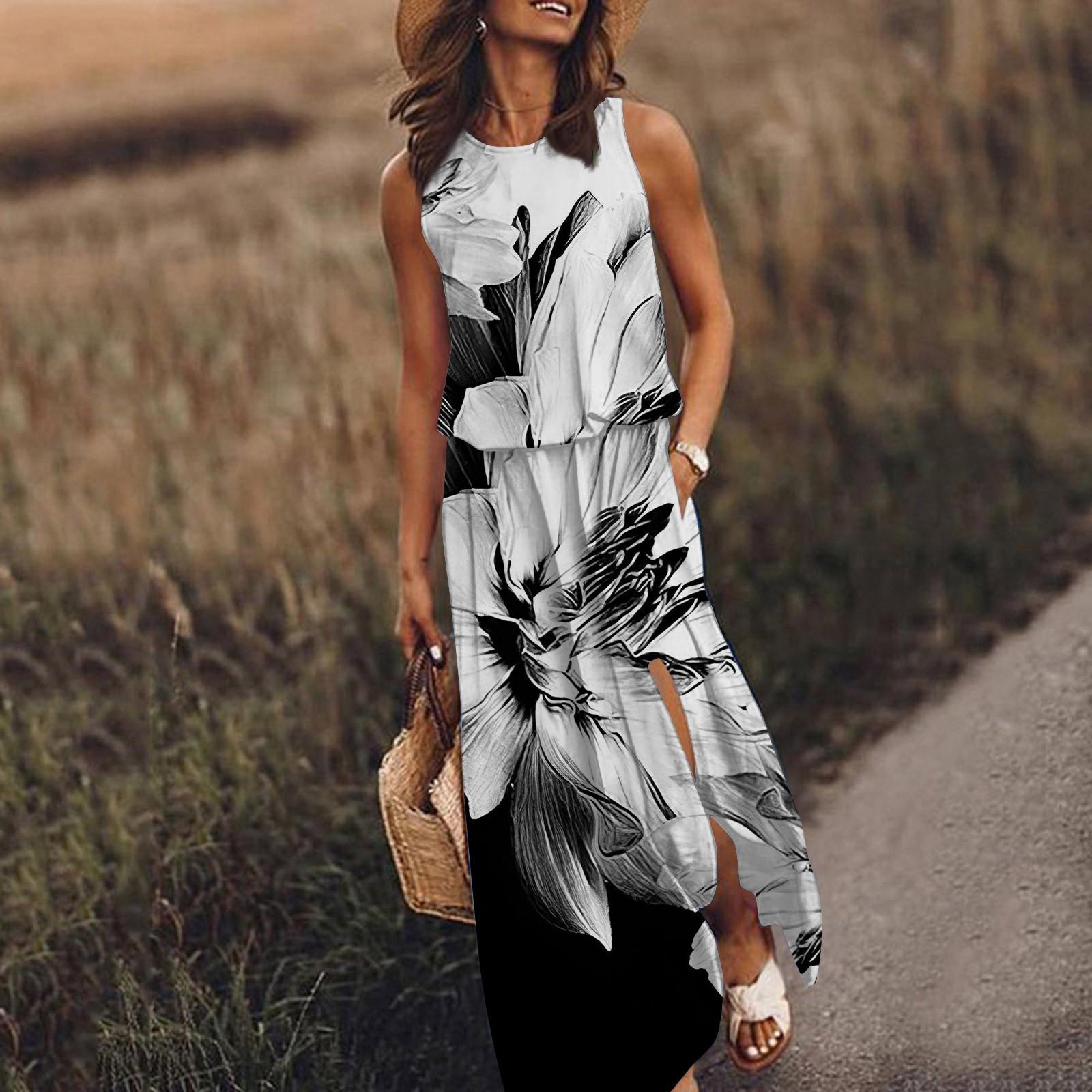 

Summer Dress For Women Sleeveless With Elastic Waistband Stitching Printed Split Sexy Dress S