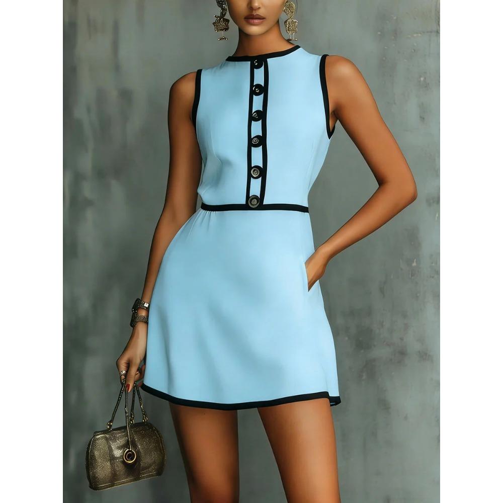 Women's Round Neck Sleeveless A-Line Mini Dress Mid Waist Elegant Casual Short Dress