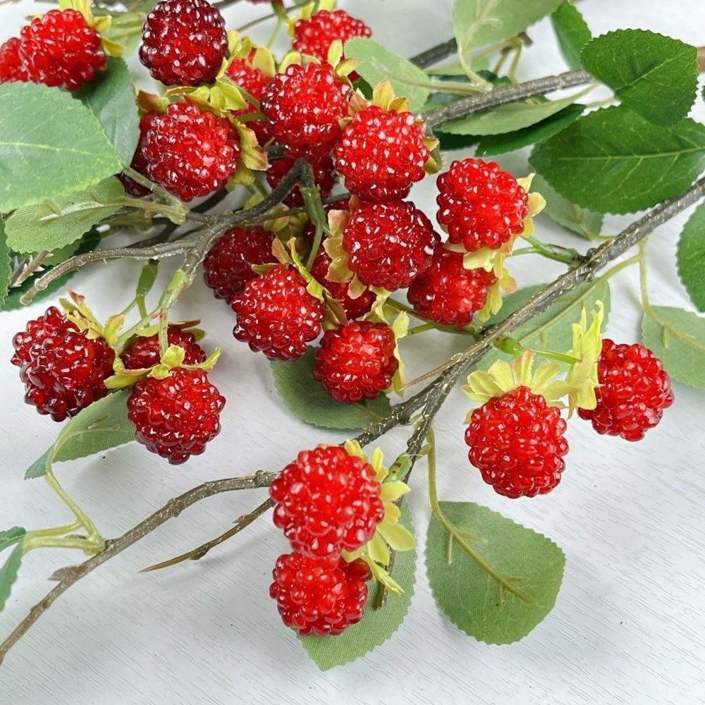 Green Leaves Artificial Raspberry Branch Luxury Faux Red Raspberry Mulberry Fruit Plants Plastic Realistic Fake Plants