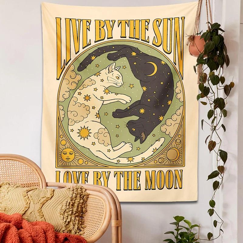 Sun Moon Cat Tapestry Wall Hanging Tarot Retro Black White Cat Psychedelic Love Star for Living Room Home Dorm Decor Cloth Gift