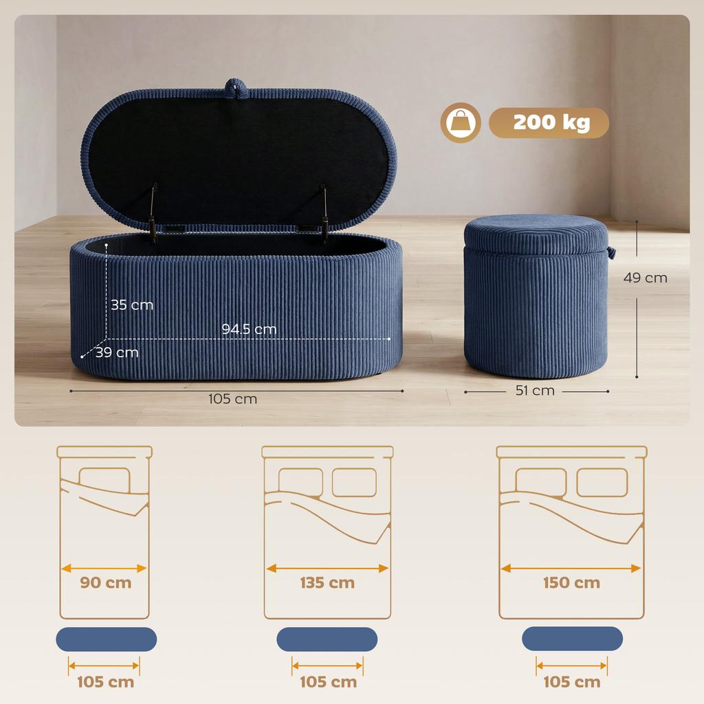 Storage Ottoman, Corduroy Upholstered Ottoman Storage Box with Padded Seat, 105 X 51 X 49 Cm, Blue