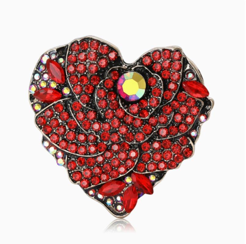 Vintage Red Color Heart Shape Brooches for Women Girls Rhinestone Rose Flower Love Lapel Pins Beautiful Party Jewelry Gifts