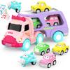 Toys for 1 2 3 Year Old Girl, 5-in-1 Carrier Truck for Toddler Girl, Friction Power Toy Cars with Light & Sound, Birthday Gifts, Pink