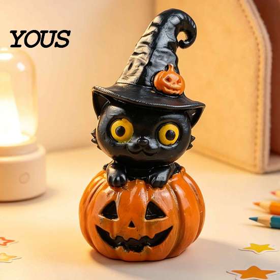 Funny Pumpkin Wizard Statue Halloween Black Cat & Resin Ornaments, Cute Desktop Figurines, Artistic Craft Collectibles Cartoon And Decorations