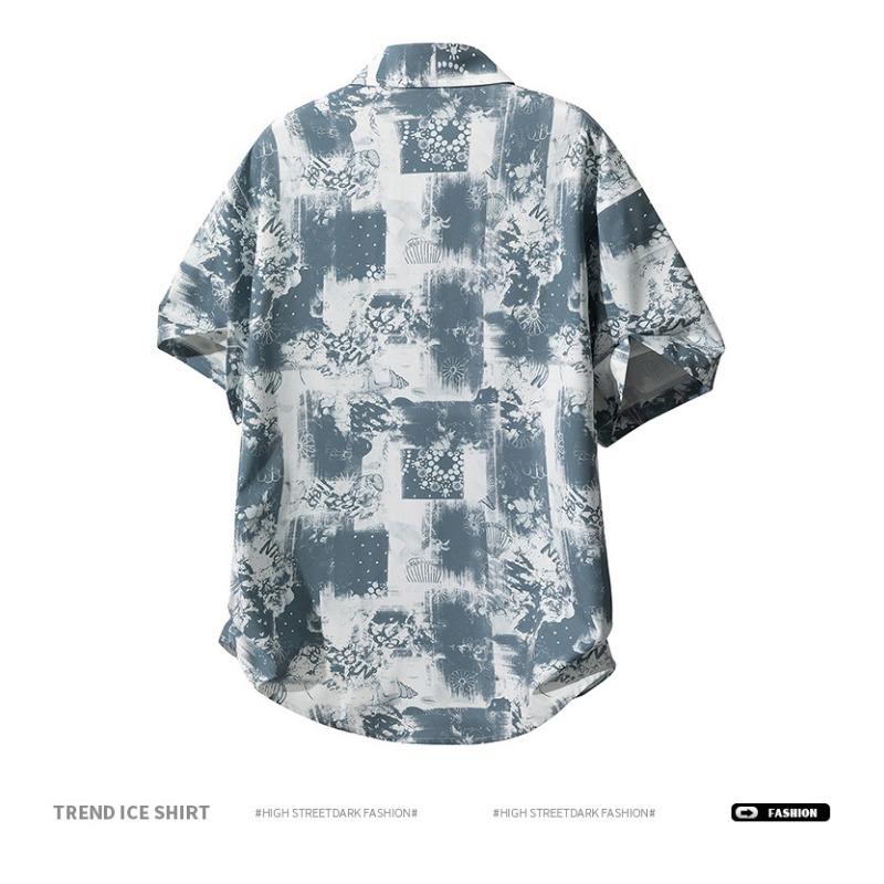 Men's Blue White Abstract Print Short Sleeve Shirt - Oversized Casual Streetwear Summer Button Up