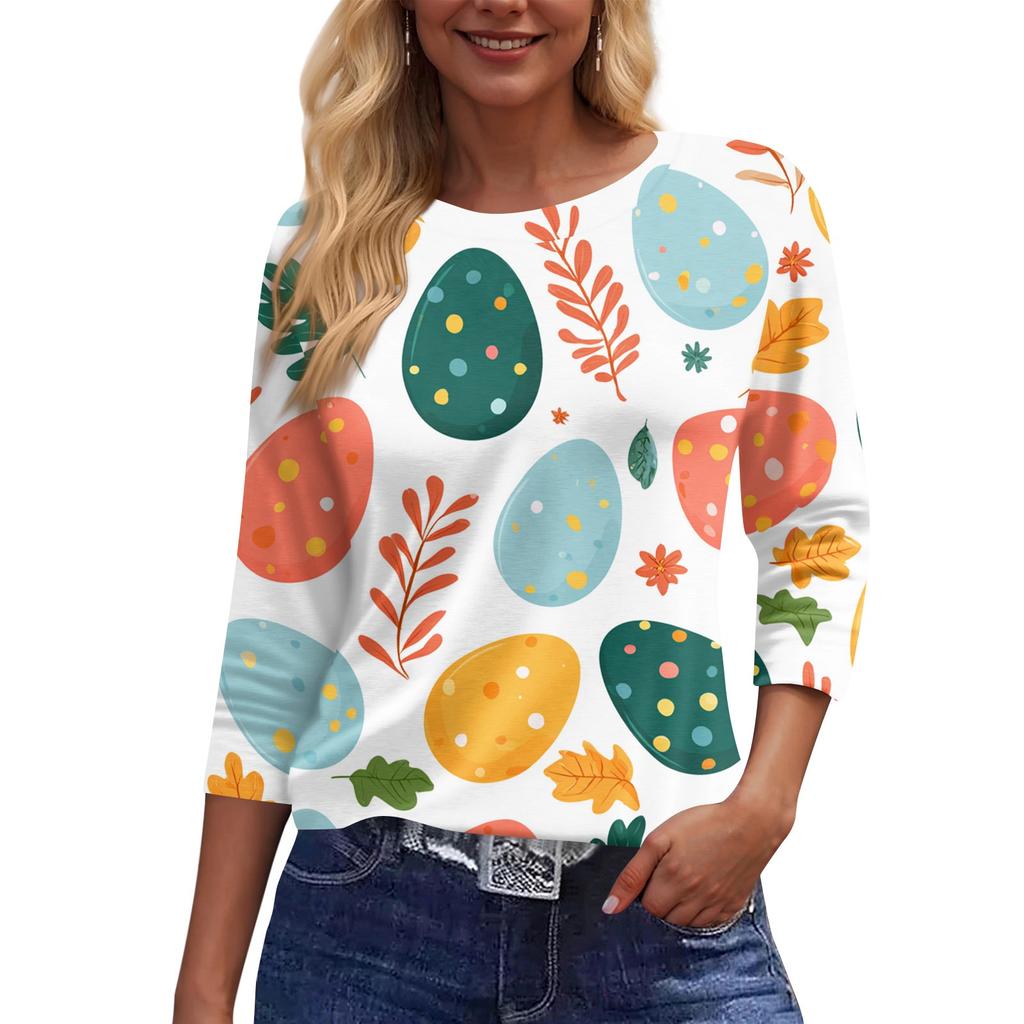 Top da donna casual con stampa di elementi pasquali, girocollo