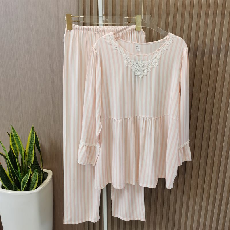 

Поплиновый пижамный костюм в полоску, тонкий хлопковый, с длинными рукавами, женский костюм для дома, кружевные брюки, весна/лето, новинка Orange L