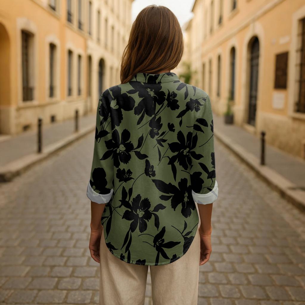 Dámská ležérní jarní a letní volná tištěná ležérní košile s dlouhým rukávem a límečkem