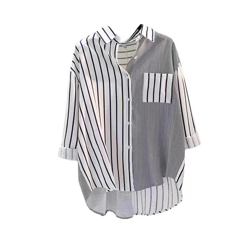 Camisa de rayas verticales de un solo bolsillo con colores a juego para mujer, camisa informal holgada, tendencia superior