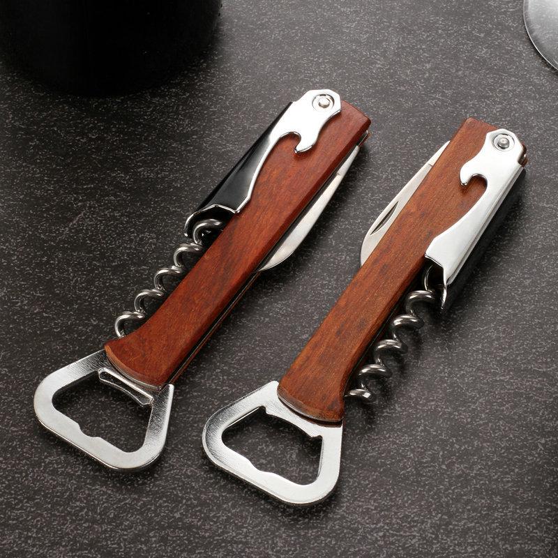 3-in-1 Portable Wine Opener with Wooden Handle: Waiter's Knife & Stainless Steel Beer Opener