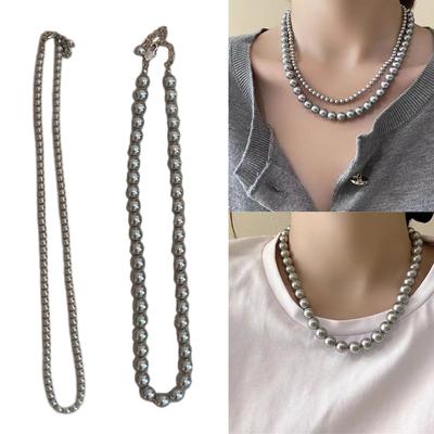 Elegante Collar de Perlas Gris Plata Impresionante Collar de Perlas Gris Plata Cadena de Cuello Única Para Ocasiones Memorables